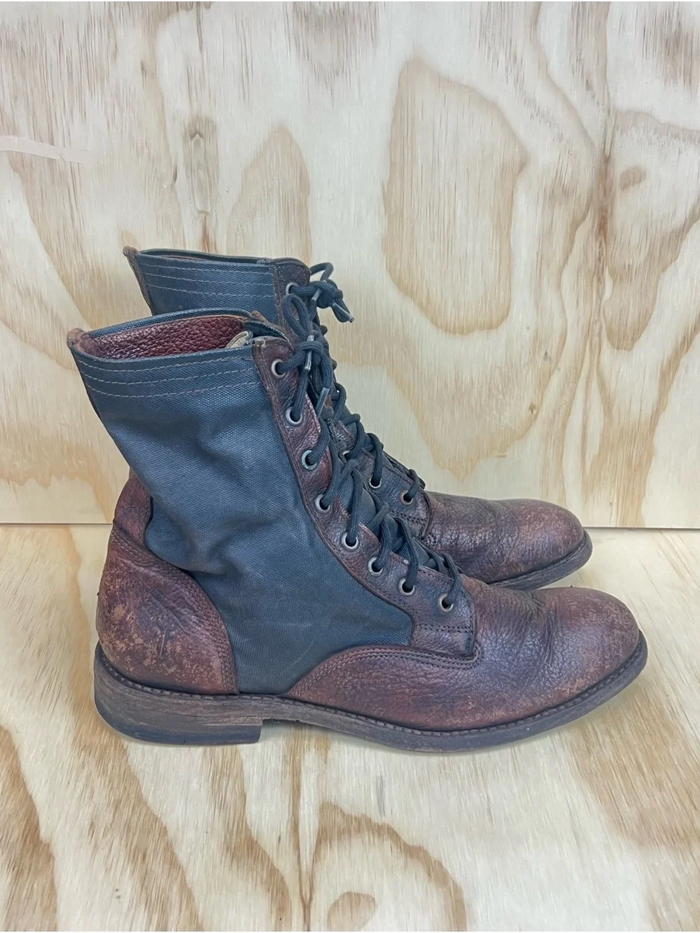 Frye Brown and Black Leather and Canvas Lace-Up Combat Boots